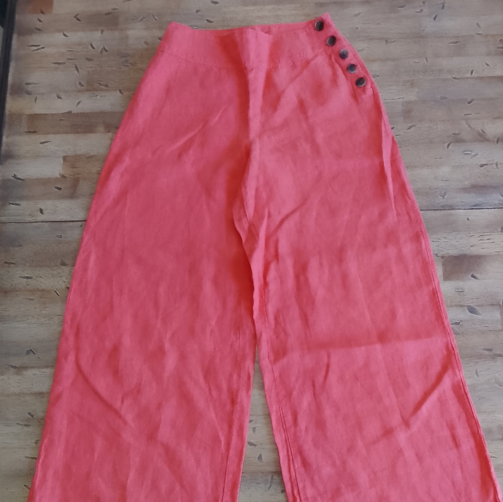 Lou & Grey Vibrant Coral Linen Pants Sz S Costal Beachy Summer Day Vibe